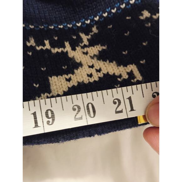 Vtg 70's CB Sports Reindeer Knit Wool Winter Gear Hat Ski Beanie Blue Pom Pom L - Picture 7 of 8